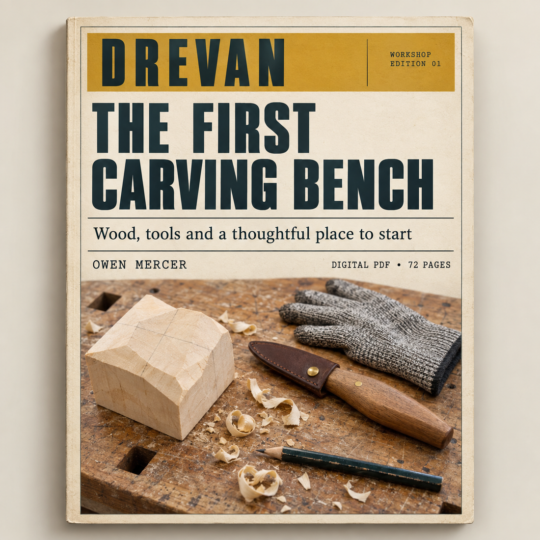 Cover preview of The First Carving Bench, a digital PDF guide of 72 planned pages.