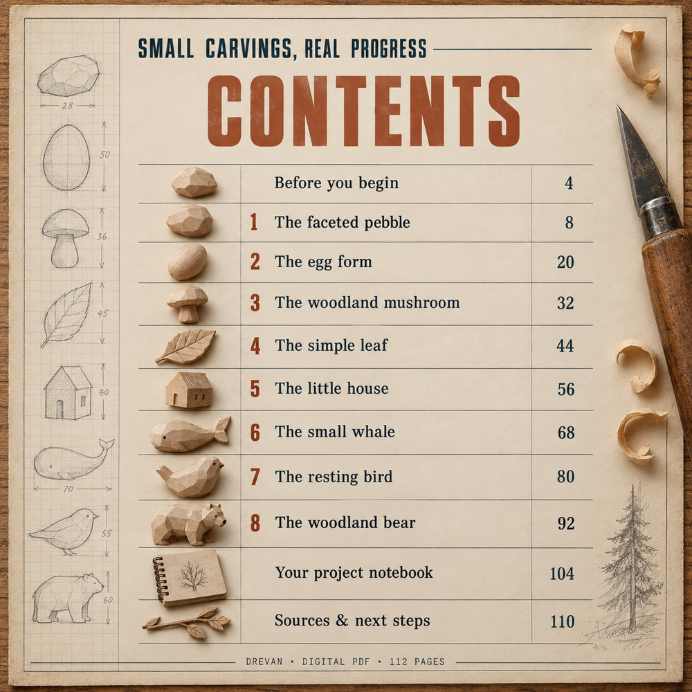Contents page of Small Carvings, Real Progress.