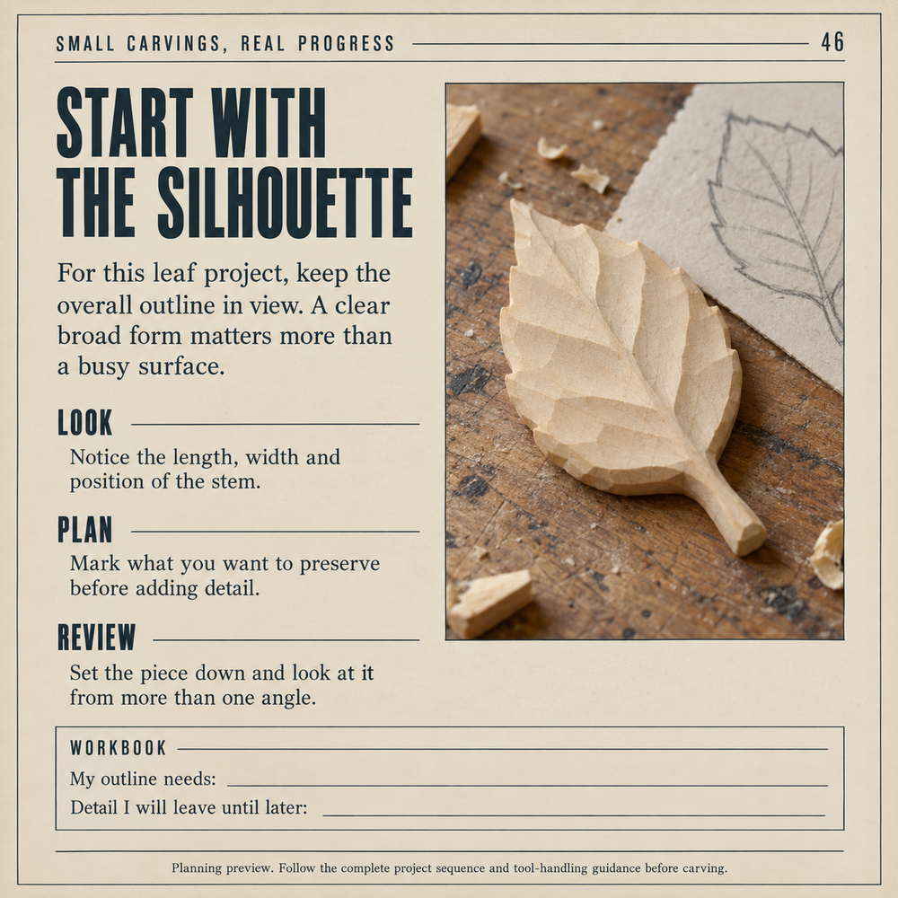 Sample interior page from Small Carvings, Real Progress, titled Start with the silhouette.