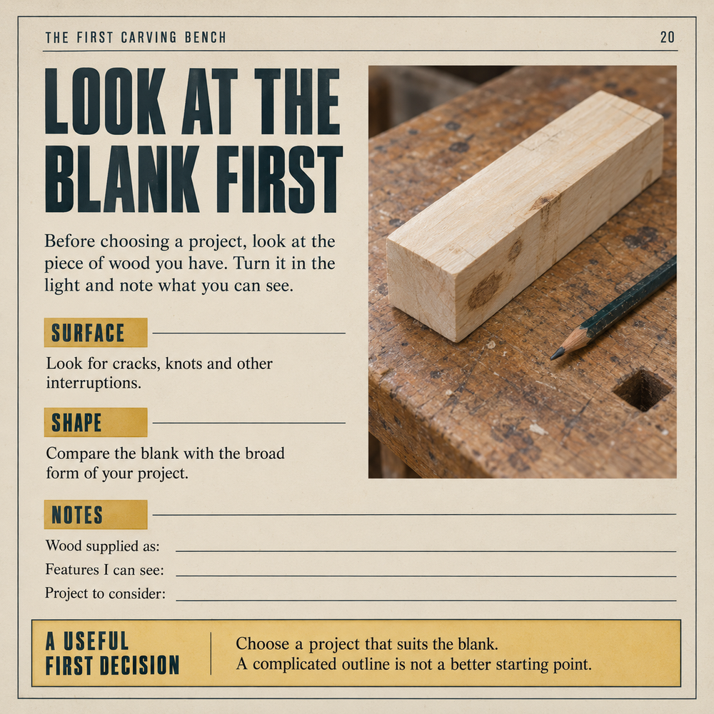 Sample interior page from The First Carving Bench, titled Look at the blank first.
